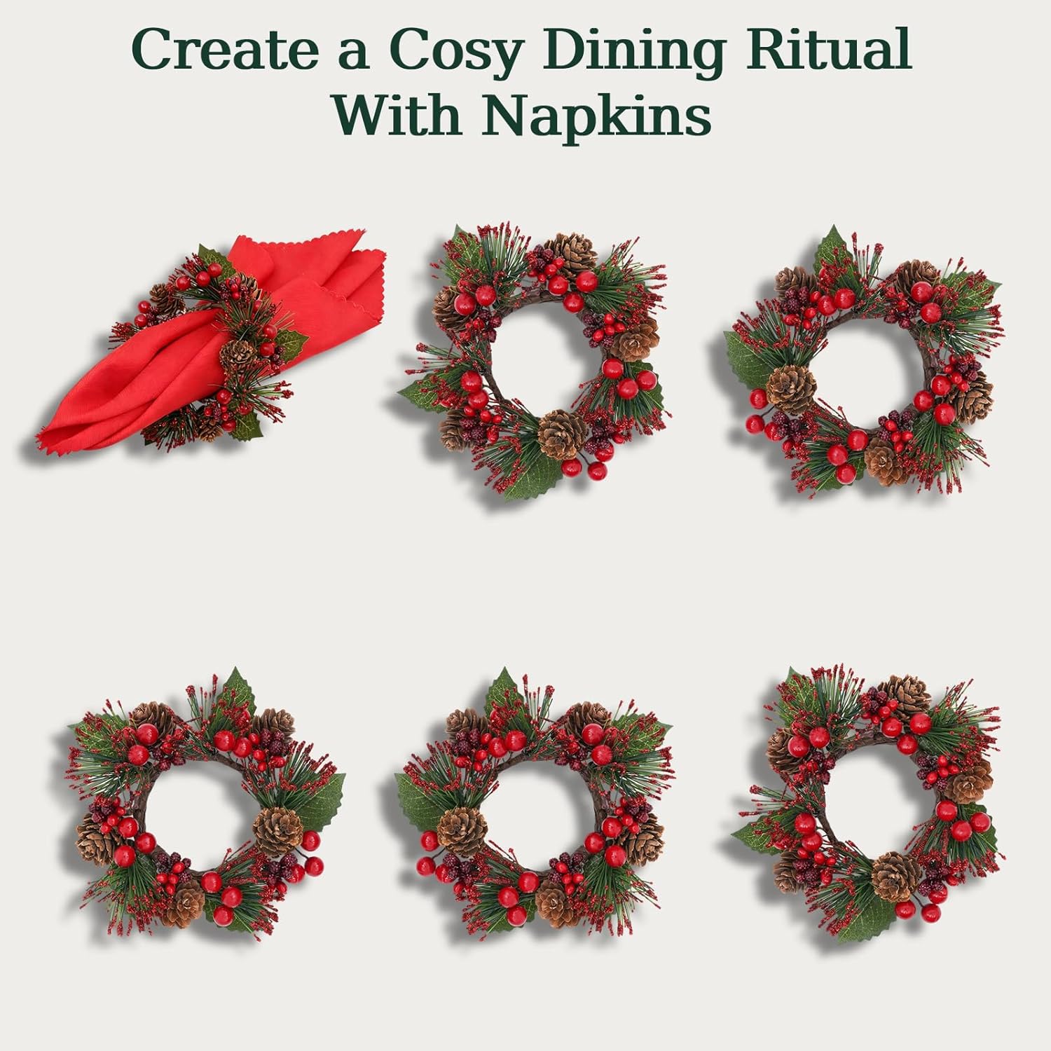Regine Switzerland Candle Rings Set of 6 - Festive Christmas Wreaths with Red Berries & Pinecones