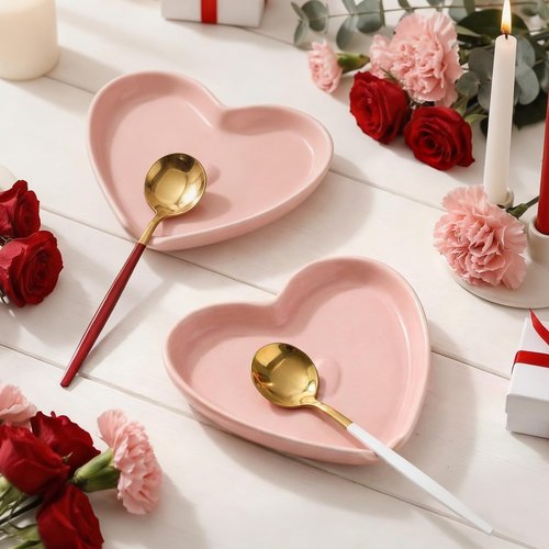 Meanplan 2 Pcs Pink Heart Spoon Rest 4.3 Inches Valentine's Day Ceramic Spoon Rest Coffee Lovers Gifts for Coffee Stirrers Teaspoon Bar Accessories Kitchen Countertop Decor