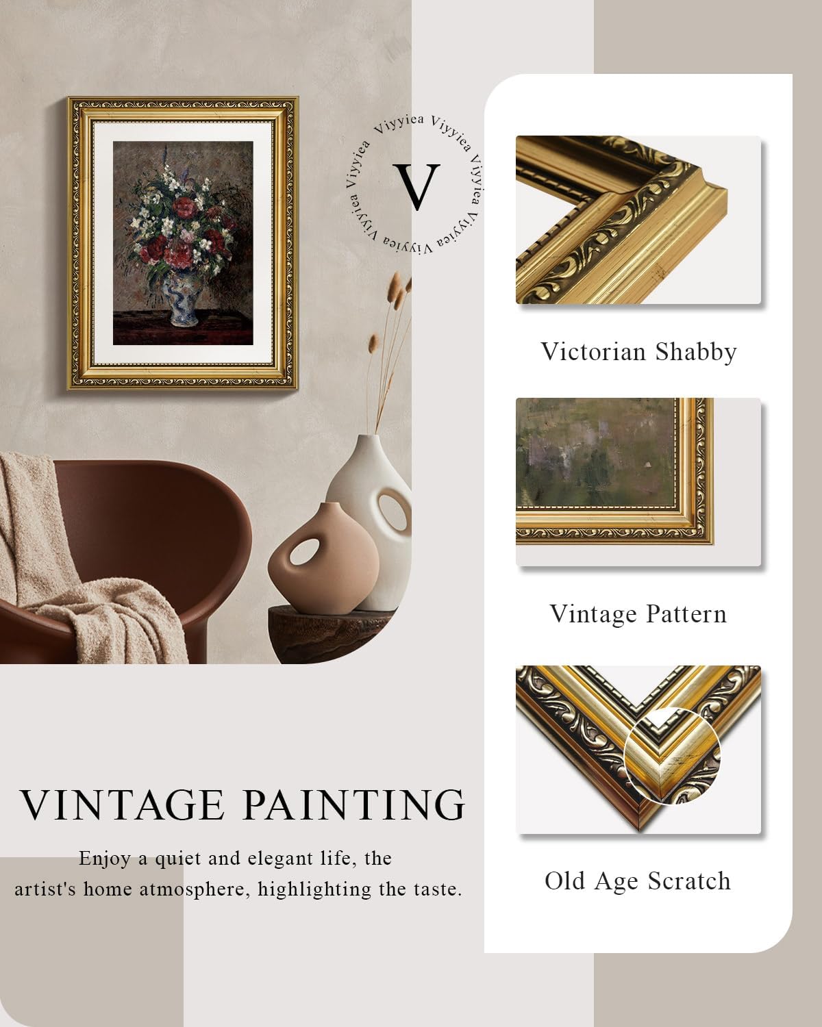 VIYYIEA Gold Framed Canvas Wall Art - Vintage Botanical Flower Prints for Home Decor | 11x14in