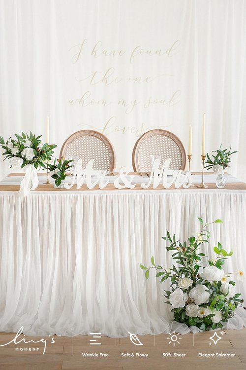 Ling's moment 14FT White Chiffon Table Skirt Recycle Use Extra Long Sheer Tablecloth for Backyard Wedding Reception Decorations Birthday Party Cake Dessert Decor