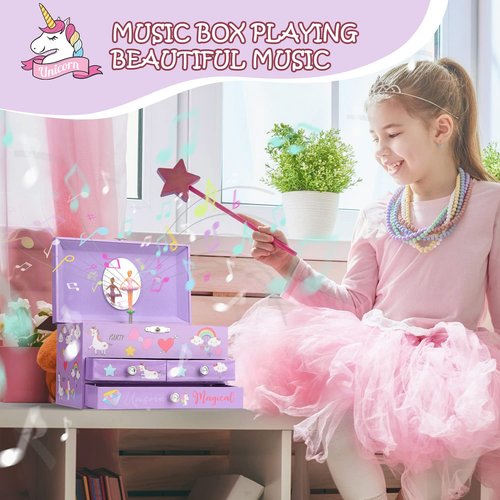 efubaby Musical Jewelry Box for Girls 3 Layer Music Box with Drawers Spinning Ballerina Unicorn Design Included Unicorn Jewelry Set Kids Birthday Christmas Gifts for Girls, Purple
