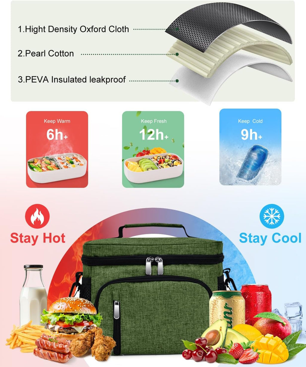 Skiennix Insulated Lunch Bag - 9L Leakproof Soft Cooler Tote with 5 Pockets | Green, Perfect for Work & Travel