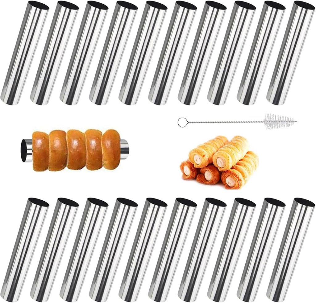 Skiennix Cream Horn Molds - Stainless Steel Cannoli Tubes Kit with 20 Baking Cones & Brush
