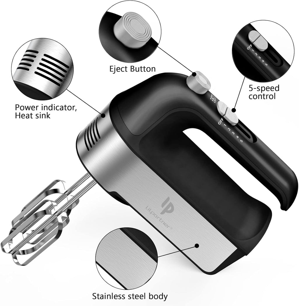 **Regine Switzerland Electric Hand Mixer - 450W with Turbo Boost & 5 Speed Settings | Includes Scale Cup & Accessories - Black**