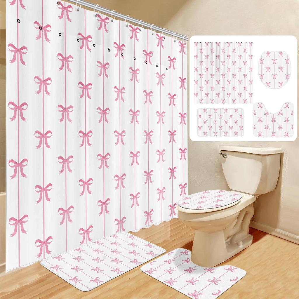Maasechs 4 Pcs Bow Shower Curtain Set Cute Coquette Bathroom Decor Bow Knot Aesthetic Girly Shower Curtain Set with Non-Slip Rug Toilet Lid Cover Bath Mat and 12 Hooks(White Background,Pink)