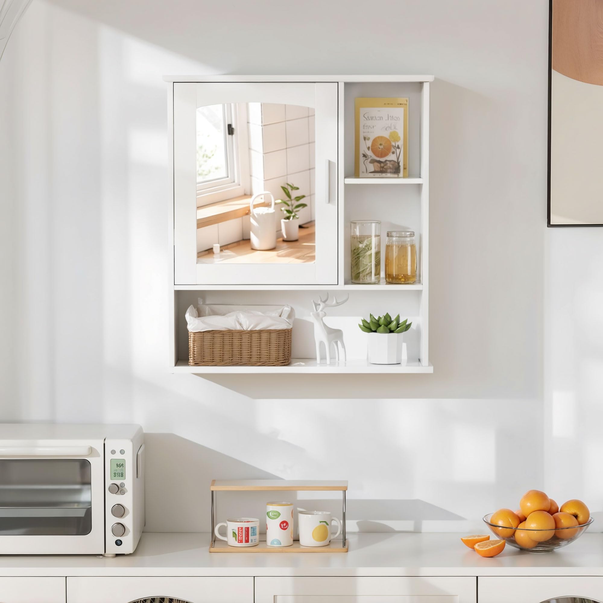 VECELO Bathroom Wall Cabinet with Mirror, Wall Mounted Medicine Cabinets with Door and 3 Open Shelves, Adjustable Shelf, 16.8 x 22.5 x 7.2 Inches, White