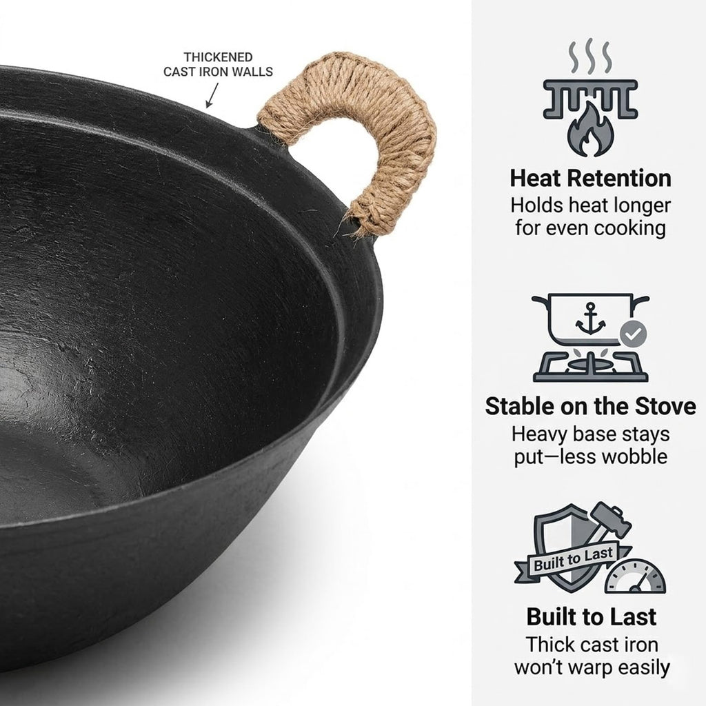 WANGYUANJI 13.4 Inch Cast Iron Wok with Wooden Lid and Iron Spatula, Flat Bottom Double-Handle Chinese Stir Fry Pan, Uncoated Cast Iron Wok for Induction, Gas and Electric Stoves