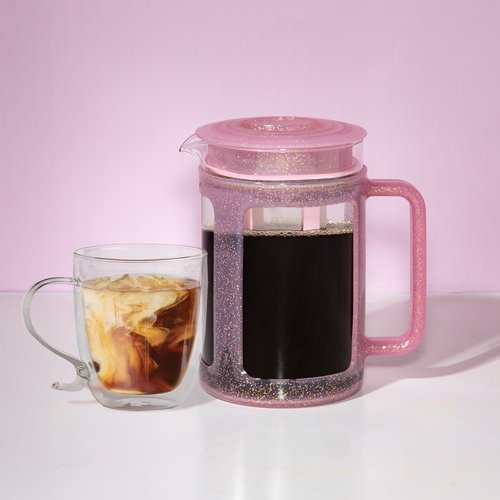 Paris Hilton Cold Brew Coffee Maker, Durable 1.6 Quart Borosilicate Glass Carafe with Stainless Steel Filter, Glitter Pink, 38 oz
