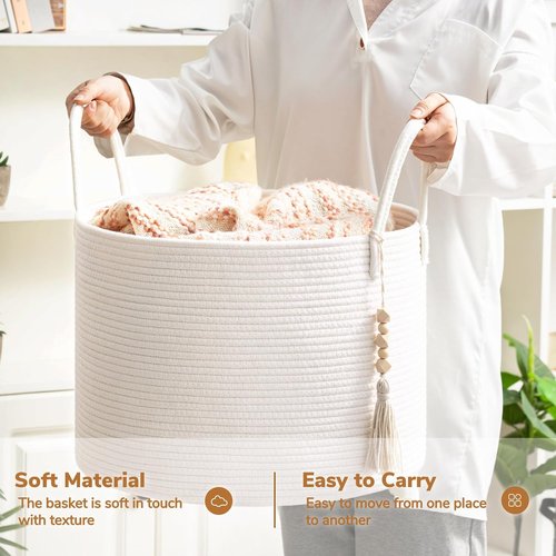 Goodpick Large Laundry Basket - Decorative White Rope Hamper for Blankets & Baby Storage | 17.7 x 12.6 Inches