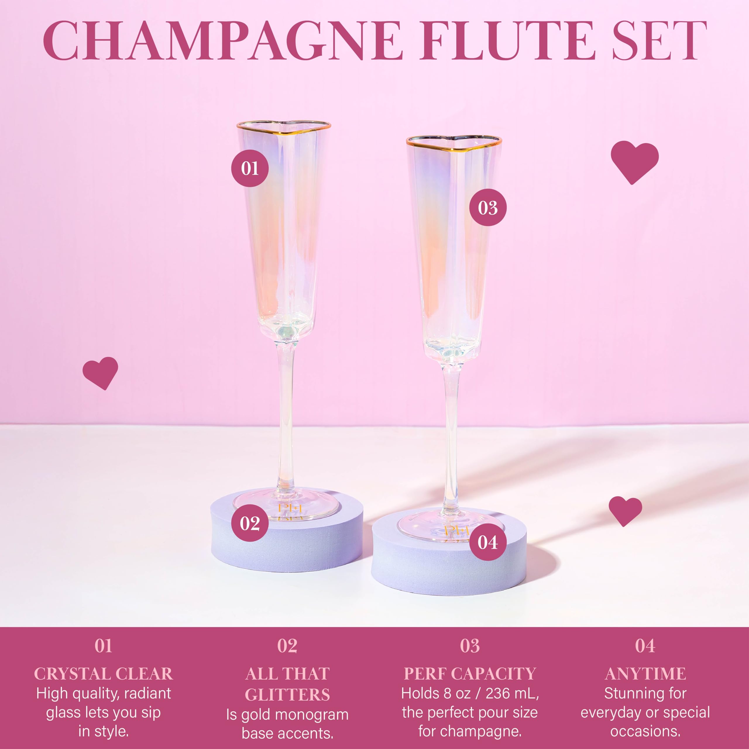 Paris Hilton Heart Shaped Champagne Flute Gift Set, Elegant Handmade Glassware Set, Perfect for Celebrations, Weddings or any Special Occasion, 2-Piece Set, 5.5-Ounce, Iridescent with Gold Rim