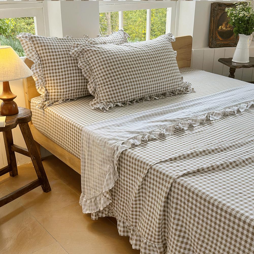 NSNLGSGC Tan Ruffled Plaid Gingham Standard Size Pillow Shams 20"x26", Set of 2 Taupe Checked Pre-Washed Microfiber Farmhouse Pillowcases for Bed/Sofa (20"x26", Tan Gingham)