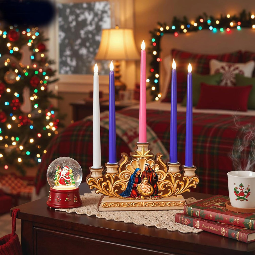 Qinyoung Advent Candle Holder - 5 Pcs Flameless Candles with Nativity Scene | Religious Home Decor