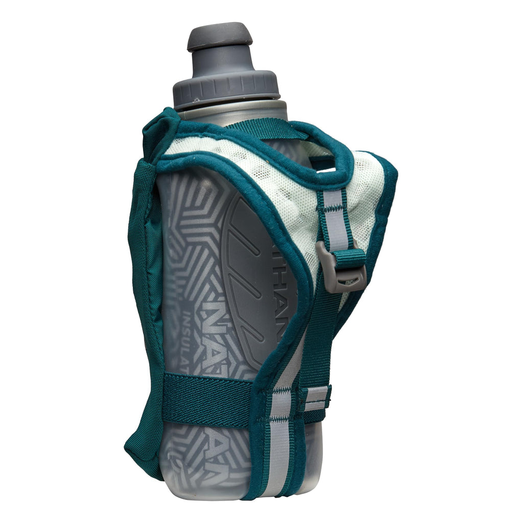 Nathan SpeedDraw 2 Insulated Handheld Running Water Bottle Flask – Double-Wall Insulation, Ergonomic Grip, Blast Valve Cap, Phone & Key Storage Pockets, Reflective Design, 12oz Insulated - Deep Teal