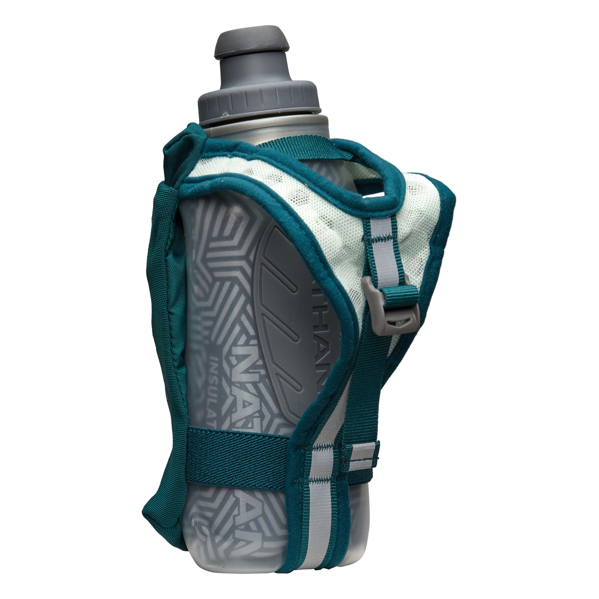 Nathan SpeedDraw 2 Insulated Handheld Running Water Bottle Flask – Double-Wall Insulation, Ergonomic Grip, Blast Valve Cap, Phone & Key Storage Pockets, Reflective Design, 12oz Insulated - Deep Teal