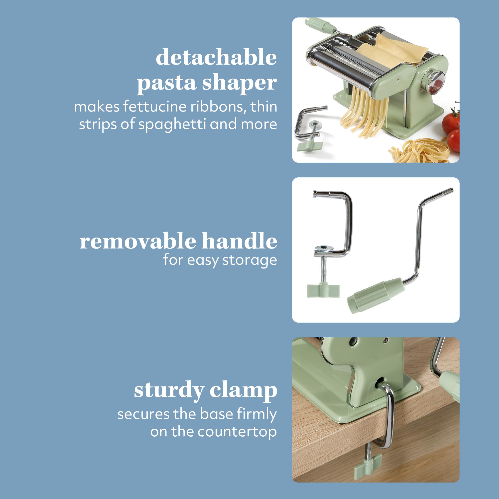 Sur La Table Kitchen Essential Va Bene Manual Pasta Maker Machine Noodle Maker w/Rollers & Cutters - Spaghetti, Fettuccini, Lasagna or Dumpling Skin - Stainless Steel/Juniper Green