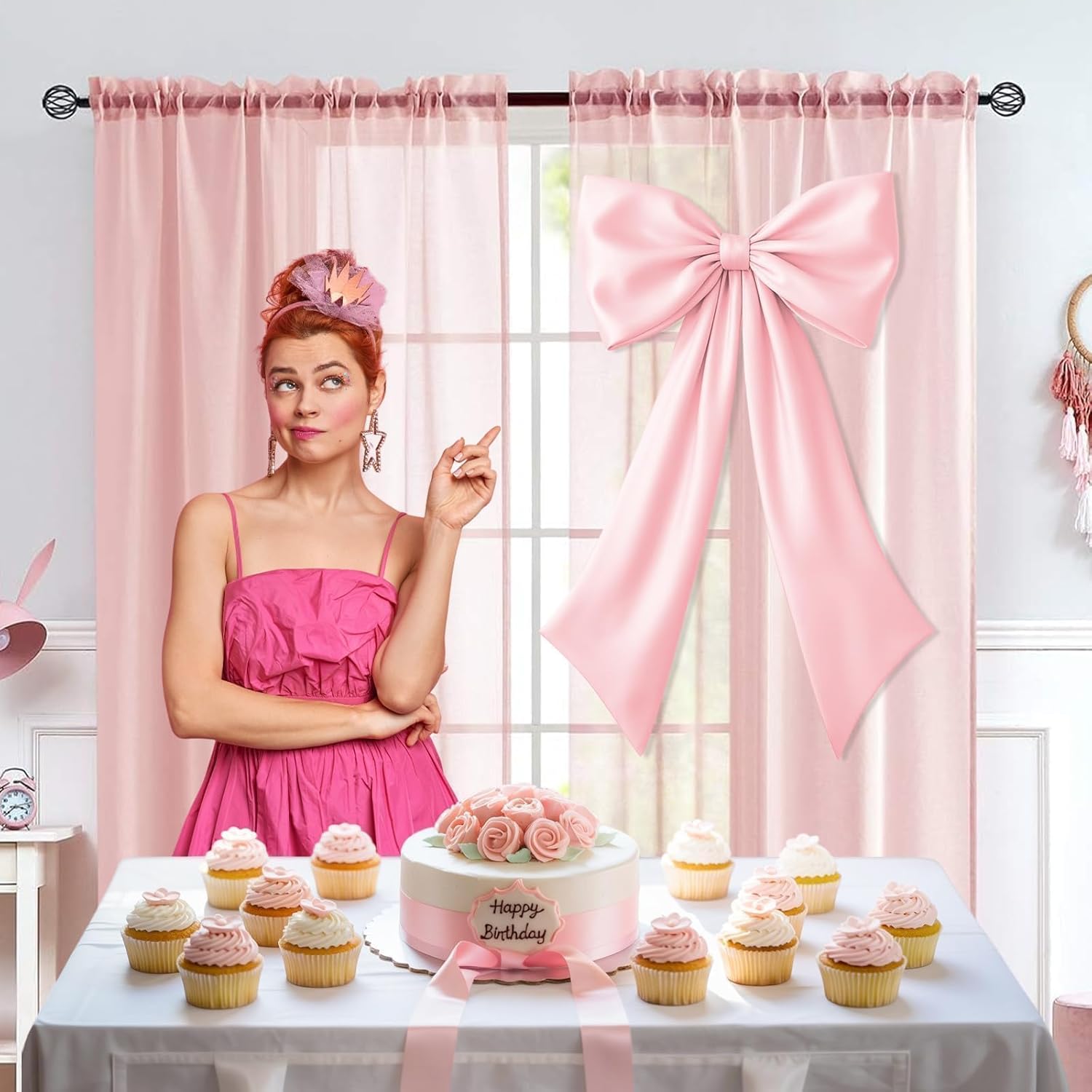 Skiennix Pink Bow Decor - 2 Pack of Large & Small Coquette Wall Backdrop for Valentine's Day & Events