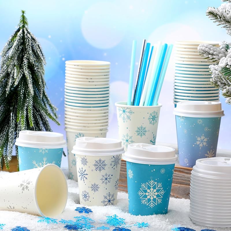 12 oz 48 Count Winter Snowflake Disposable Coffee Cups with Lids & Straws - 48 Pack