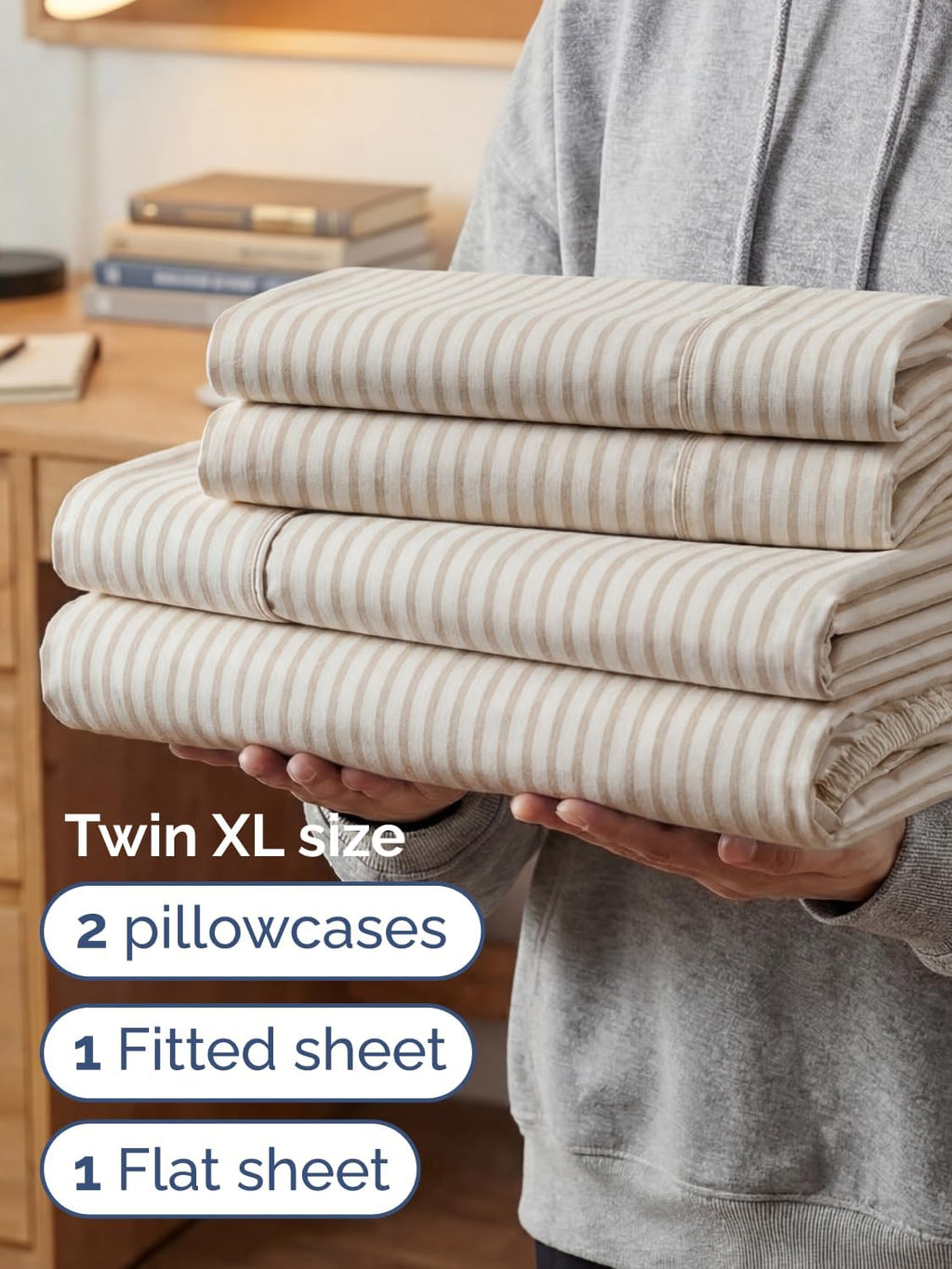 Skiennix Extra Deep Twin XL Sheet Set - 4 Piece Breathable Cooling Bedding - Soft Wrinkle-Free Beige Stripes