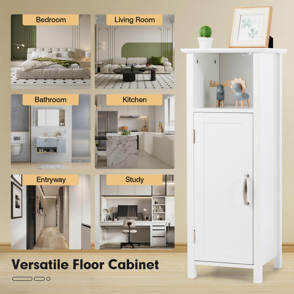 COSTWAY Bathroom Storage Cabinet, Freestanding Narrow Storage Organizer with Open Shelf & Adjustable Shelf, Small Slim Floor Cabinet for Bathroom, Living Room, Entryway, Office, White