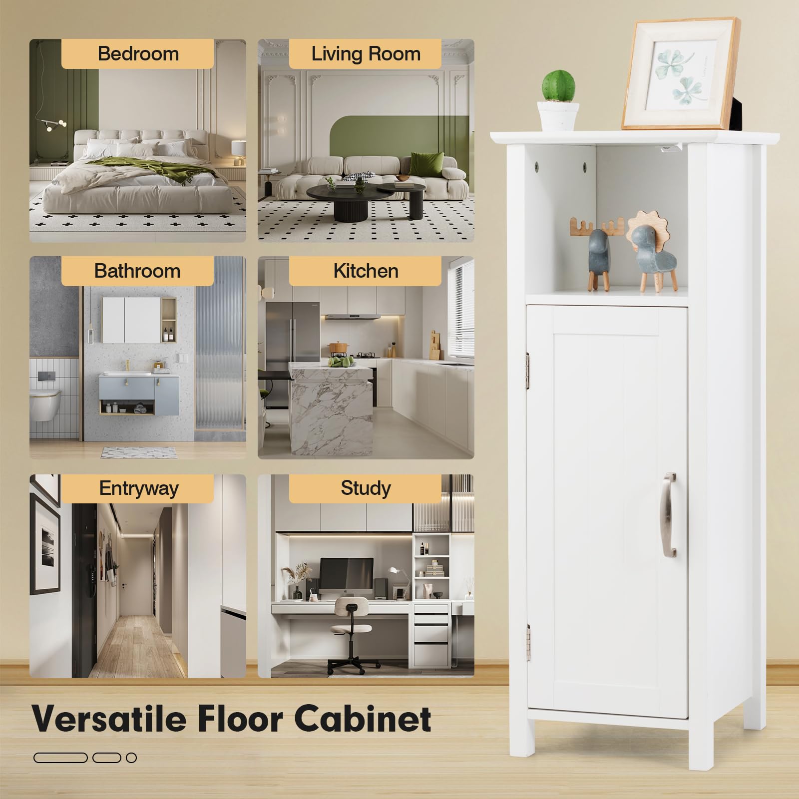 COSTWAY Bathroom Storage Cabinet, Freestanding Narrow Storage Organizer with Open Shelf & Adjustable Shelf, Small Slim Floor Cabinet for Bathroom, Living Room, Entryway, Office, White