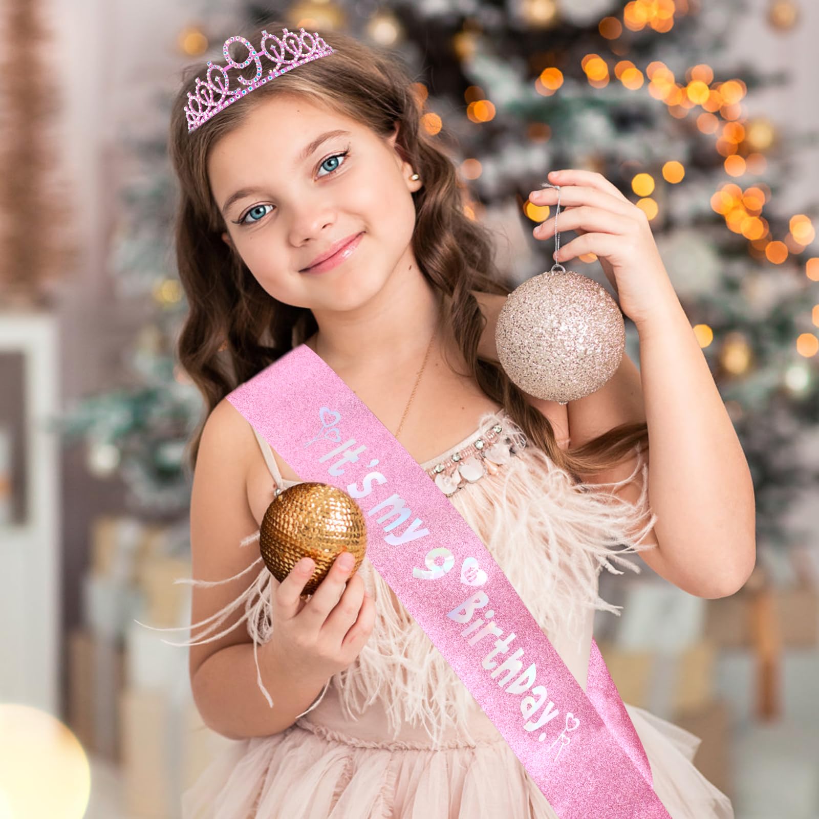 Vovii 9th Birthday Party Decorations Set for Girls- Pink Crown, Glitter Sash, Number 9 Candle & Cake Topper Kit for Birthday Celebrations Party Supplies Gift