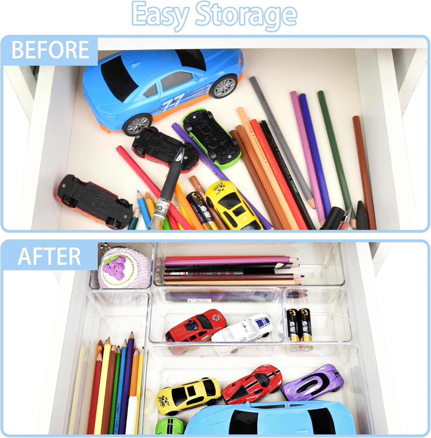 Manalete Drawer Organizers - Set of 15 Clear Plastic Storage Bins for Kitchen, Bathroom & Office