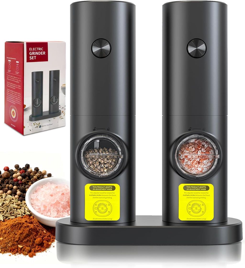 Skiennix Electric Salt and Pepper Grinder Set - Automatic Battery Mill with Adjustable Coarseness & LED | 2 Pack for Home Cooking & Gifts