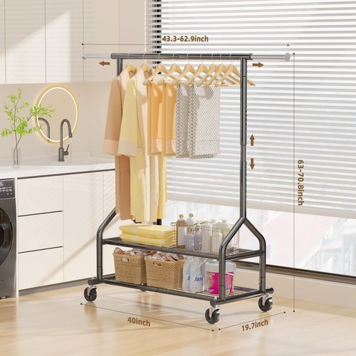EAGMAK Heavy Duty Clothes Rack - Adjustable Rolling Wardrobe Organizer with Shelves | 556 LBS Capacity, Black