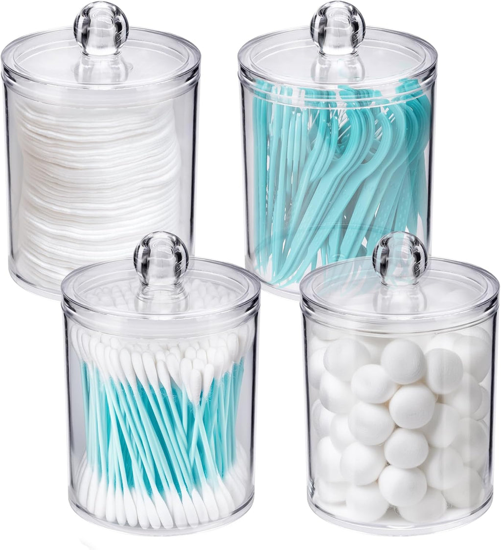 WEISHI Qtip Holder Dispenser - Clear Plastic Apothecary Jar for Cotton Balls, Swabs & Pads | 4 Pack Bathroom Storage