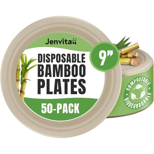 Jenvita Paper Bamboo Plates Disposable (50-Pack, 9-inch) | Sturdy & Microwave Safe | Compostable Paper Plates Disposable Heavy Duty | PFAS Free, Biodegradable | FSC Certified Alternative to Plastic