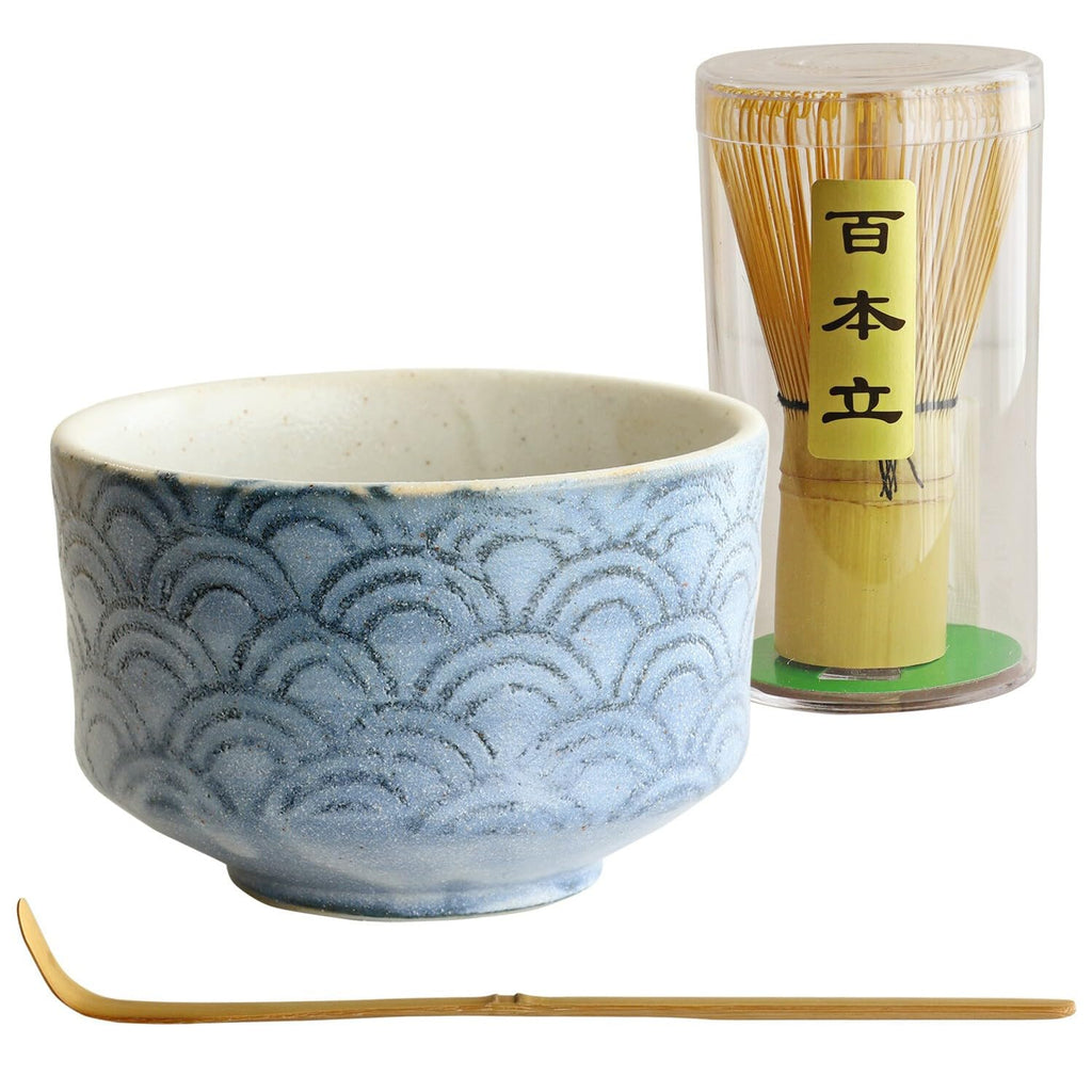 Authentic Japanese Matcha Whisk Set - Mino Ware Matcha Bowl, Traditional Japanese Design, 3 Piece Starter Kit Made in JAPAN (Blue Wave set)