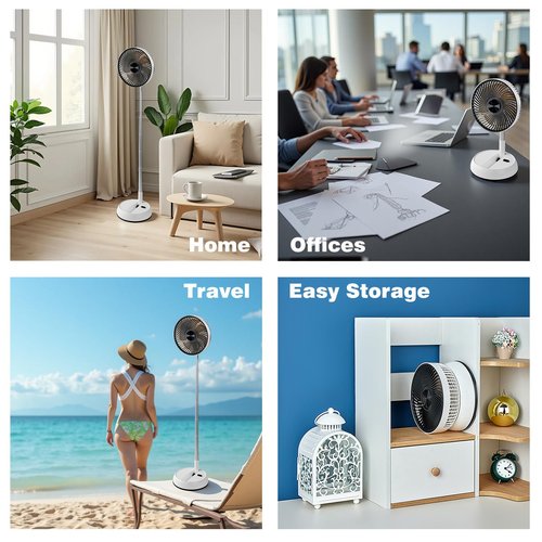 Greheywos Foldable Rechargeable Oscillating Fan 8" 7200mAh Battery Operated Small Fan, Quiet Table Standing Pedestal Fans for Bedroom Office Camping Travel (White body and black front grille)