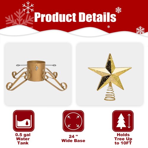 10FT Christmas Tree Stand for Real & Artificial Trees, 24" Base Holds up to 10 ft Live Trees & 3D Tree Topper with Timer, 20 Clear Lights & 8 Light Modes (Gold)