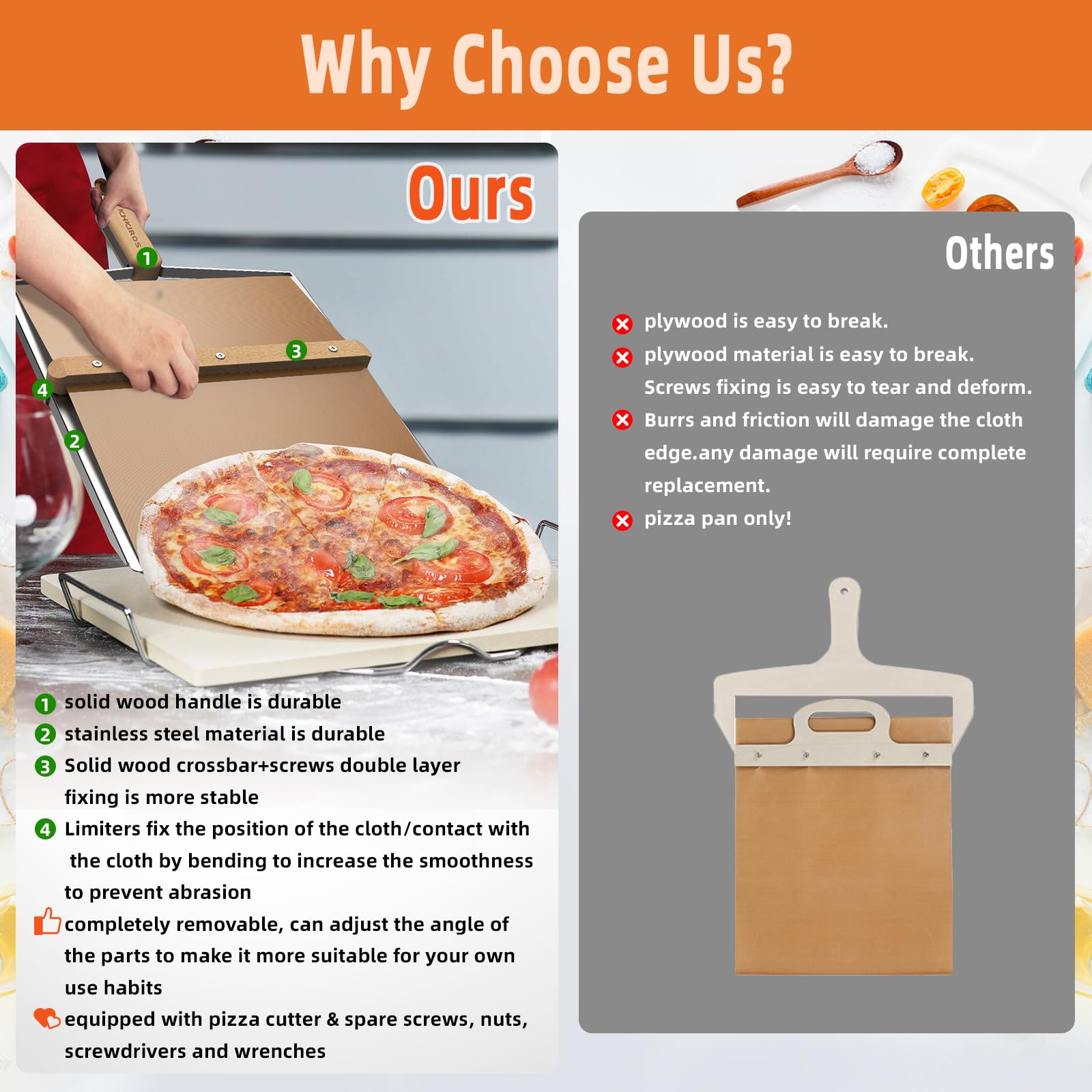 KHKJROS Non-Stick Sliding Pizza Peel 16" & 22x13 Metal Board, Bamboo Paddle w/Detachable Handle & Free Pizza Cutter for Beginners, Outdoor Oven Baking