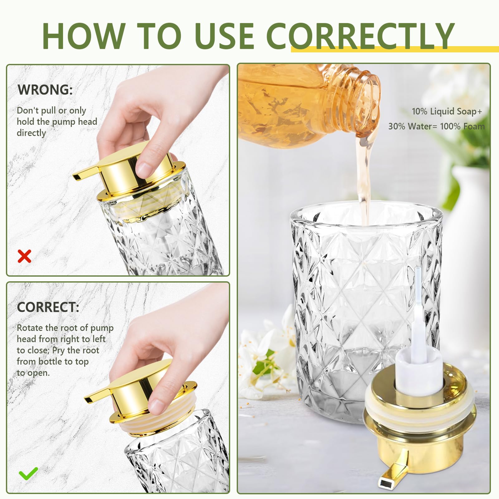 Abriclo Glass Foaming Soap Dispenser 2 Pack Refillable Foaming Hand Soap Dispenser with Gold Large Pump Wide Opening for Bathroom Kitchen Countertop Modern Home Decor with Elegant Pattern, Transparent