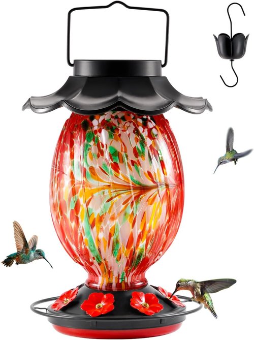 HouseSapp Solar Hummingbird Feeder - 49 fl. oz Color Changing Glass - 7 Feeding Ports & Perch