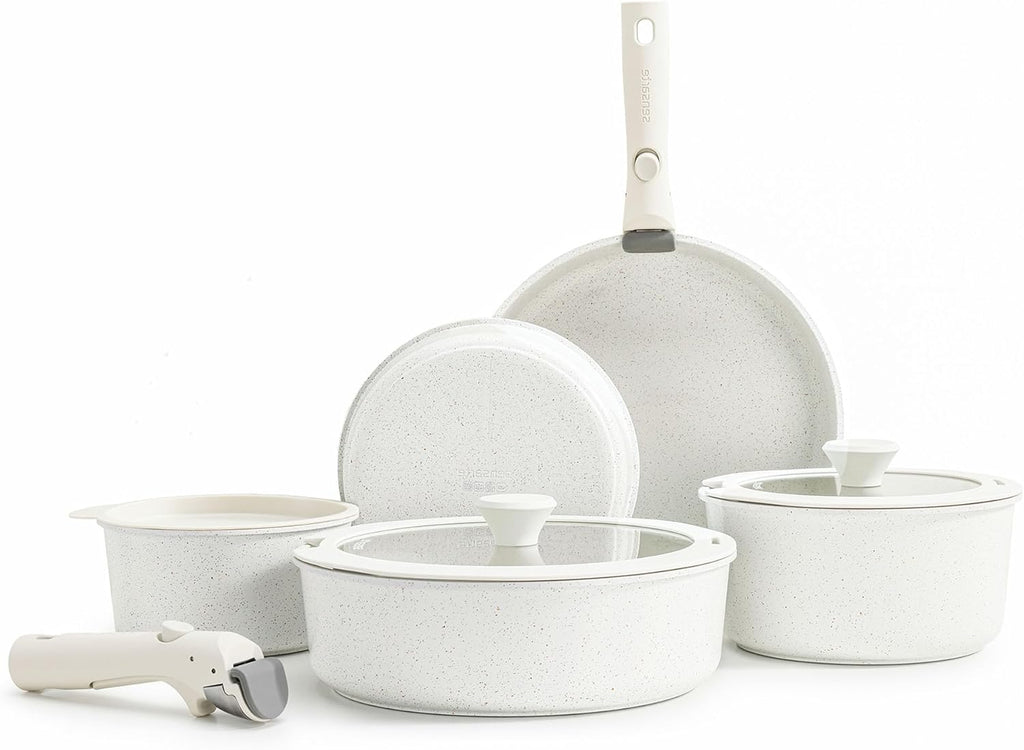 SENSARTE 13-Piece Nonstick Cookware Set - Detachable Handle, Induction Compatible, Dishwasher & Oven Safe (White)