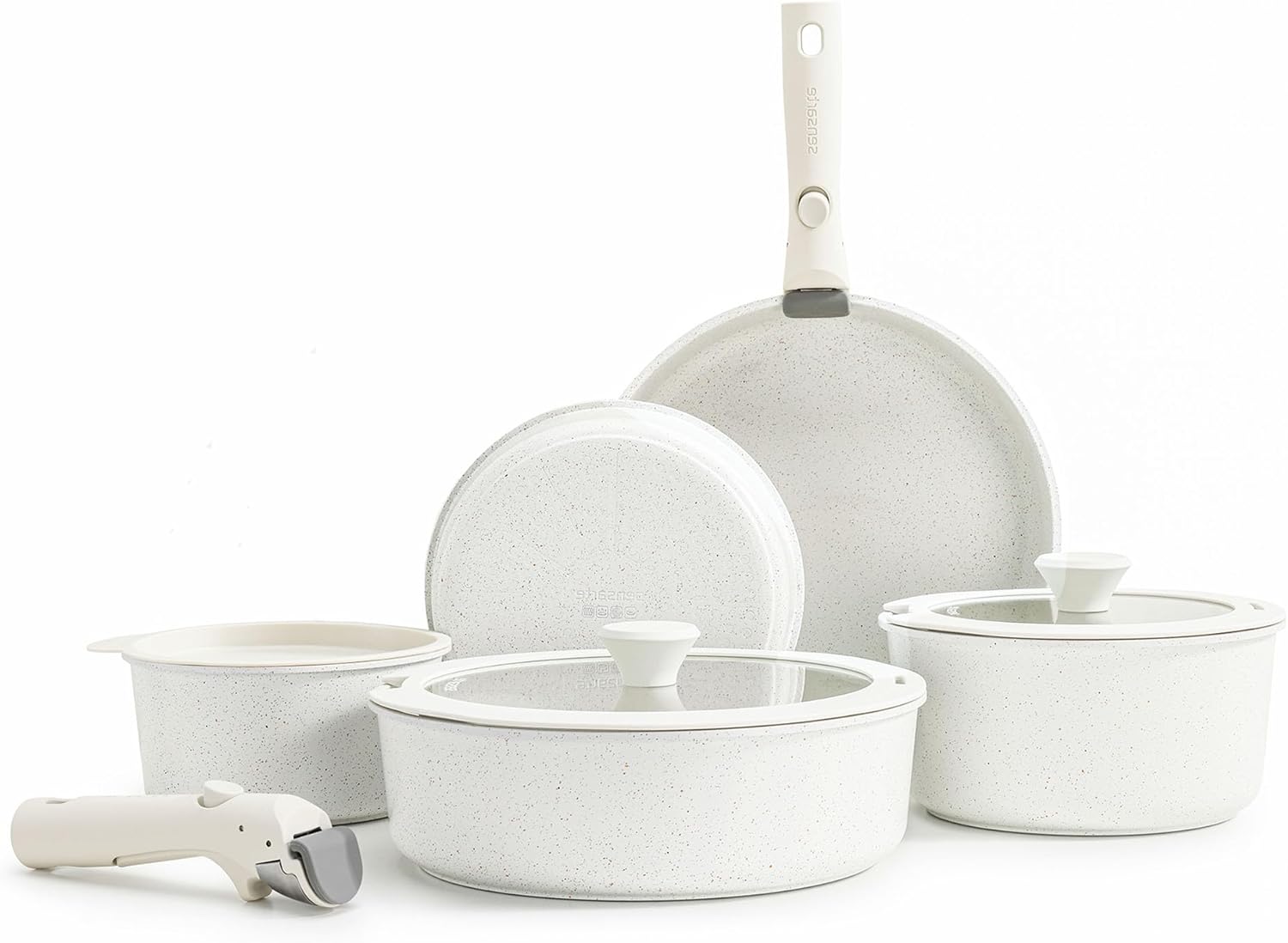 SENSARTE 13-Piece Nonstick Cookware Set - Detachable Handle, Induction Compatible, Dishwasher & Oven Safe (White)