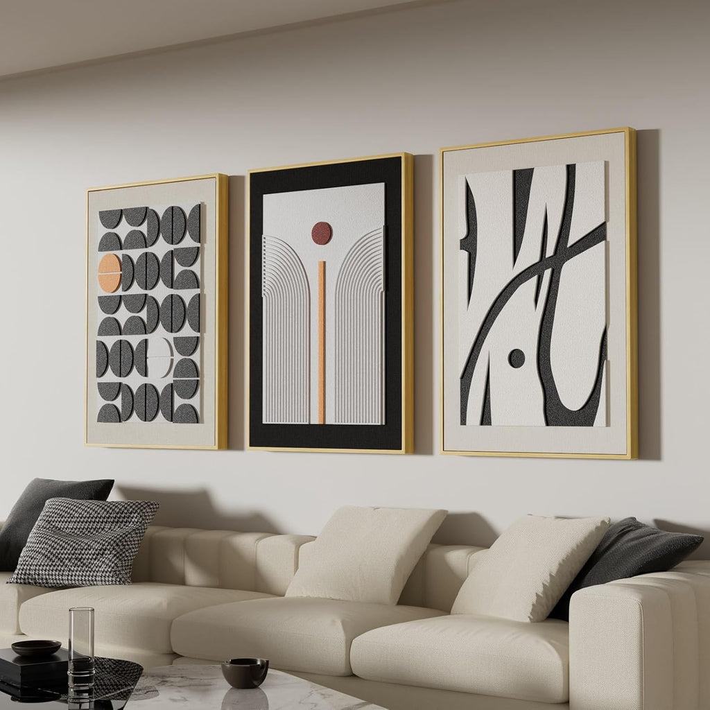 Skiennix 3D Textured Framed Abstract Wall Art - Modern Boho 3-Piece Set for Living Room | 24x36 In