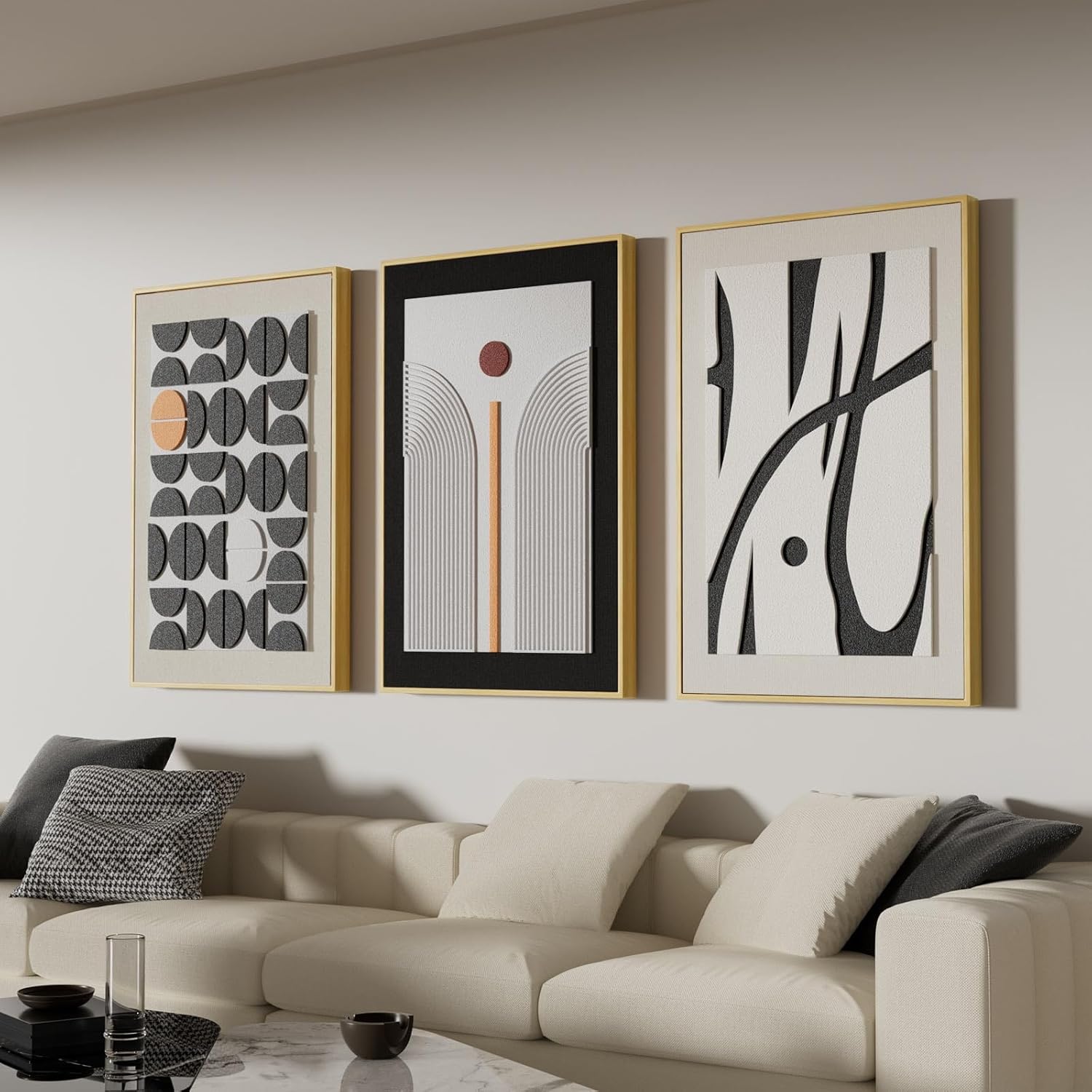 Skiennix 3D Textured Framed Abstract Wall Art - Modern Boho 3-Piece Set for Living Room | 24x36 In
