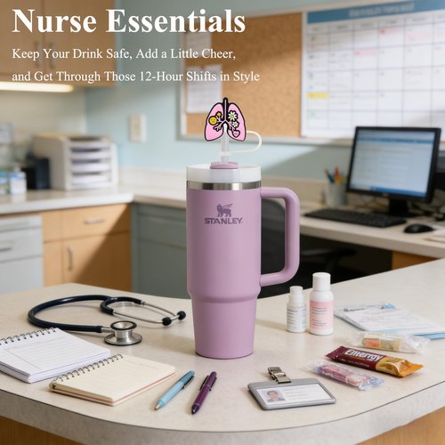Amreich Pink Nurse Straw Toppers - Silicone Stanley Cup Accessories Essentials for Nursing Work, Cute Straw Cover Caps Gifts for Nurse Week Appreciate Practitione Graduate for Women