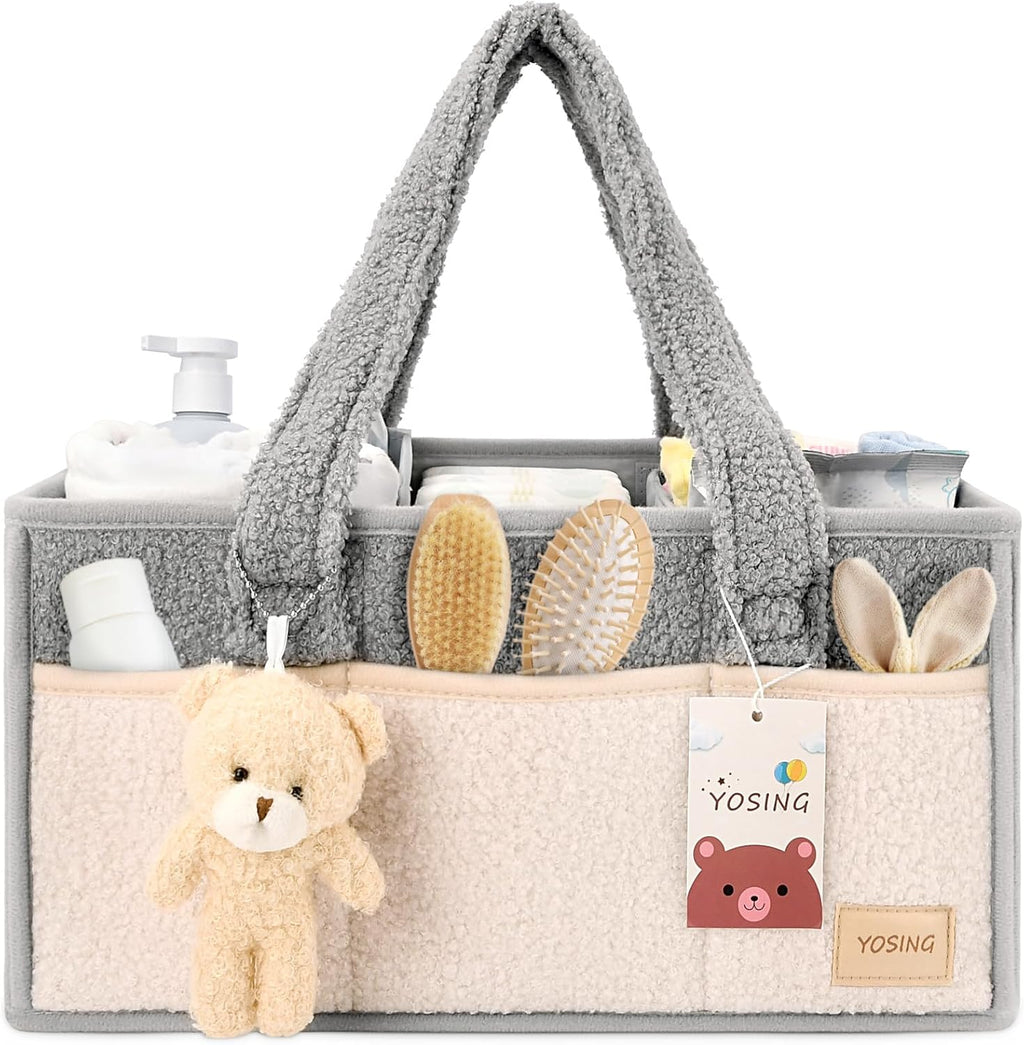 YOSING Diaper Caddy Organizer - Versatile Nursery Storage & Car Travel Solution | Gray & White