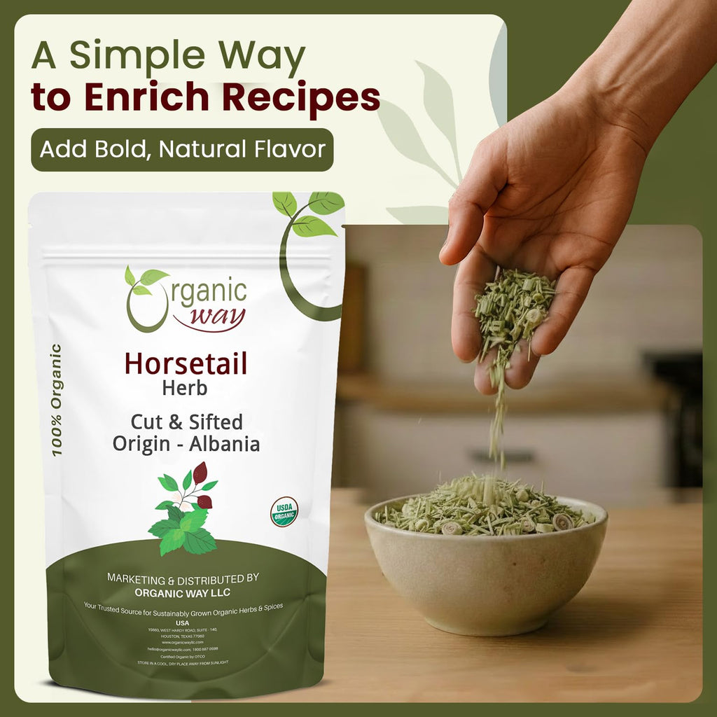 Organic Way Horsetail Herb Cut & Sifted (Equisetum arvense) - Herbal Tea | European Wild-Harvest | Kosher & USDA Certified | Vegan, Non-GMO & Gluten Free | 100% Raw from Albania (1LBS / 16Oz.)