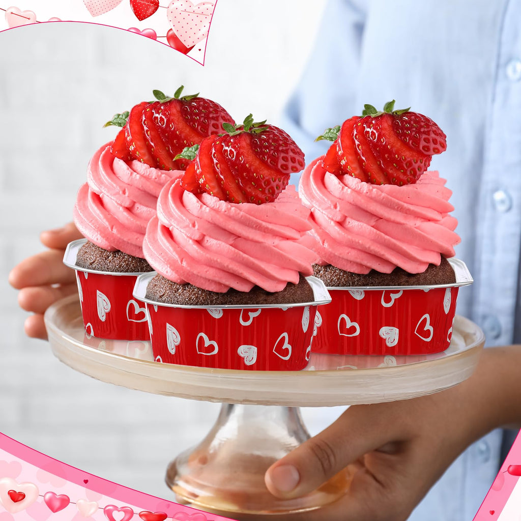 Jingmore 100 Pcs Heart Square Baking Pans with Lids 10oz Aluminum Foil Disposable Cupcake Cake Pans Baking Cups Individual Tin Dessert Containers for Wedding Birthday Party(Heart,Red)