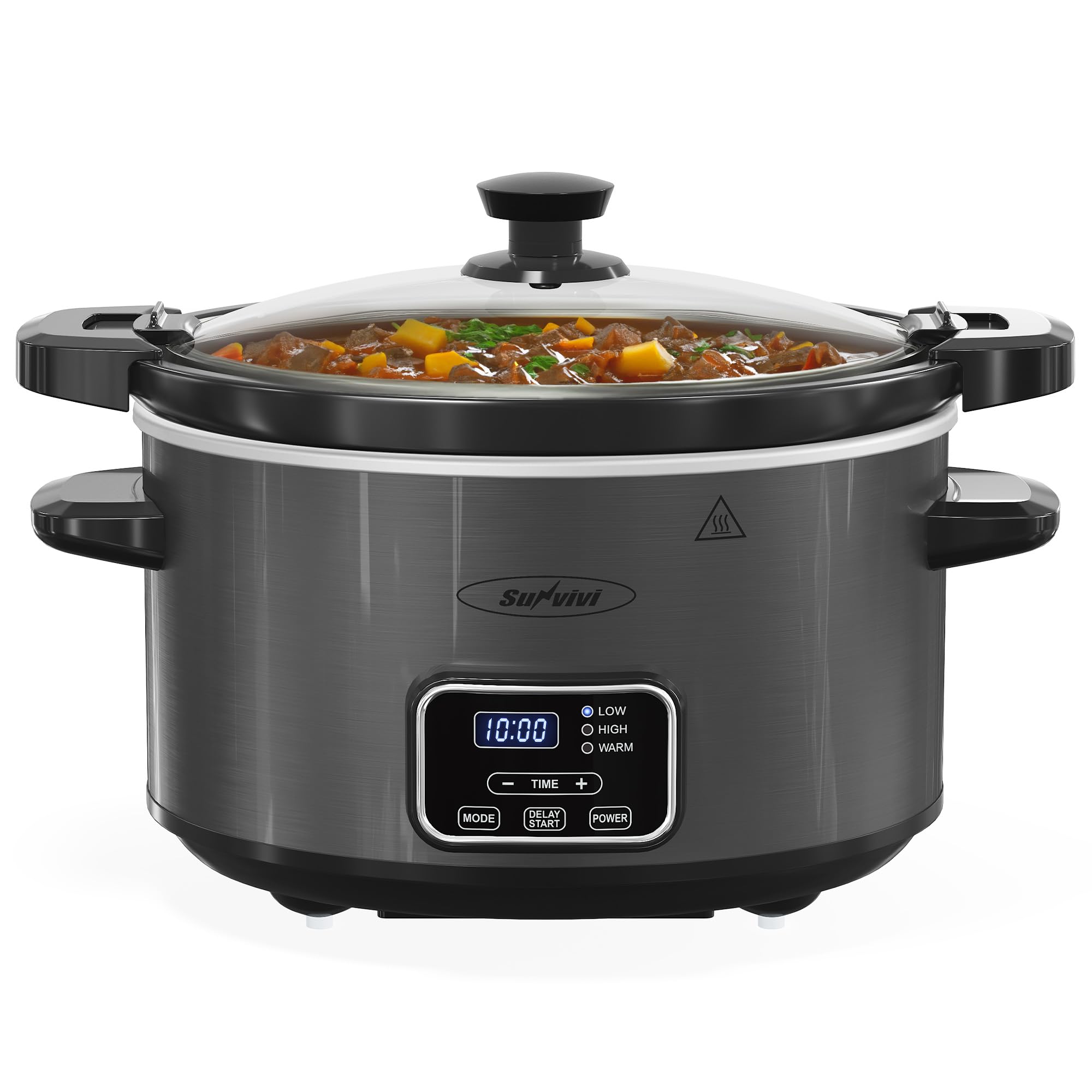 Sunvivi 4QT Programmable Slow Cooker with Locking Lid, Removable Ceramic Pot, 3 Heating Settings & Timer, Dishwasher-Safe, Dark Grey