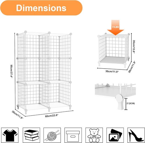 AWTATOS 6-Cube Storage Organizer - DIY Stackable Wire Shelves for Home Office | White Finish