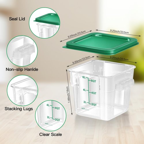FeyBuosk 4 pcs 6qt Food Storage Containers with Lid, Square Clear Commercial Storage Containers with Handle and Scale for Food Storage in Home Kitchen & Dining (Green)