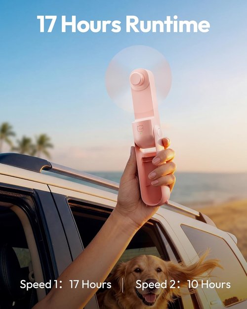 Gaiatop Portable Handheld Fan - 3-in-1 Mini USB Rechargeable Fan | 17-Hour Max Cooling, Foldable Design, Pink