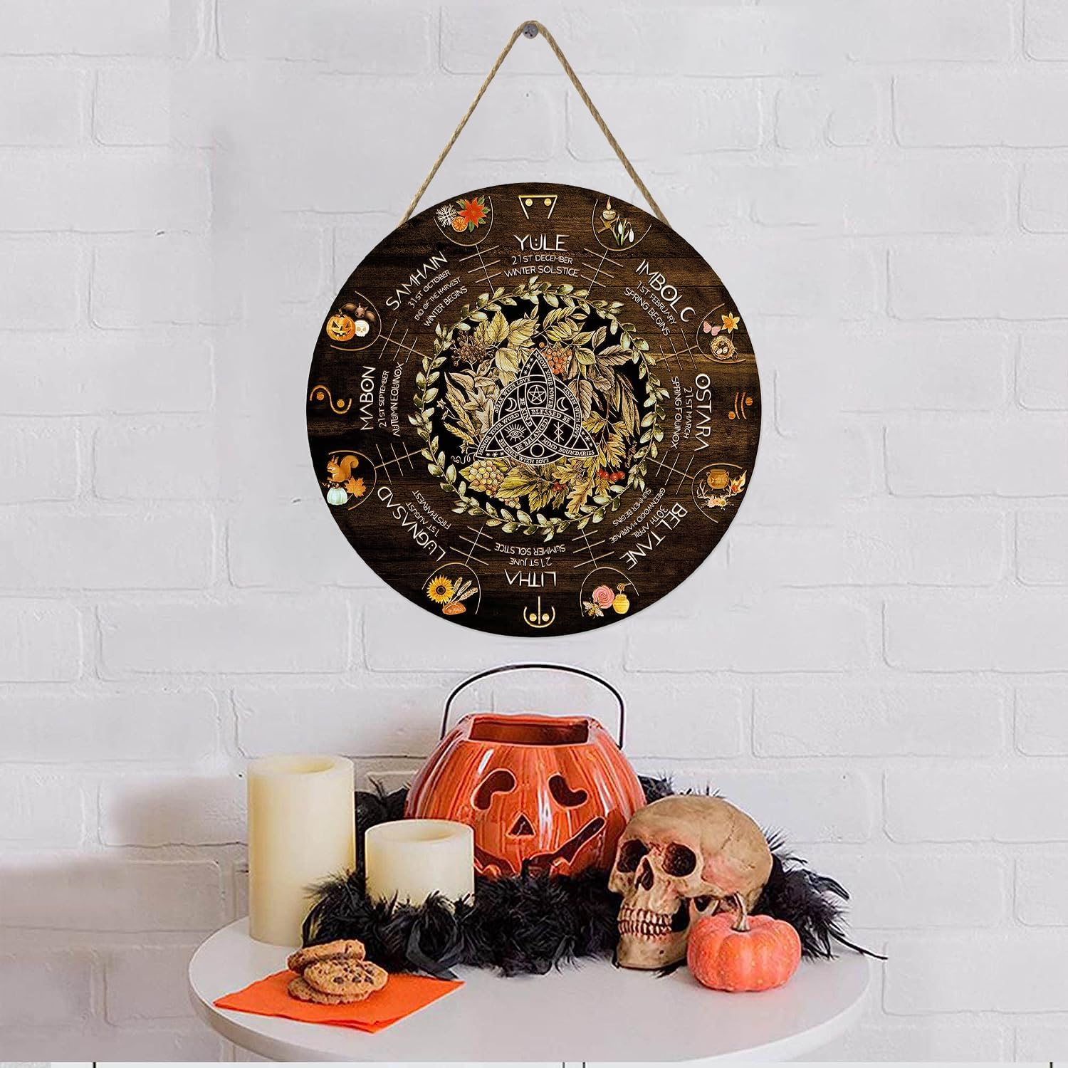 Wheel Year Wood Sign - Sabbats Pagan Witch Calendar for Wiccan Holidays | 12x12 Inch Vintage Decor