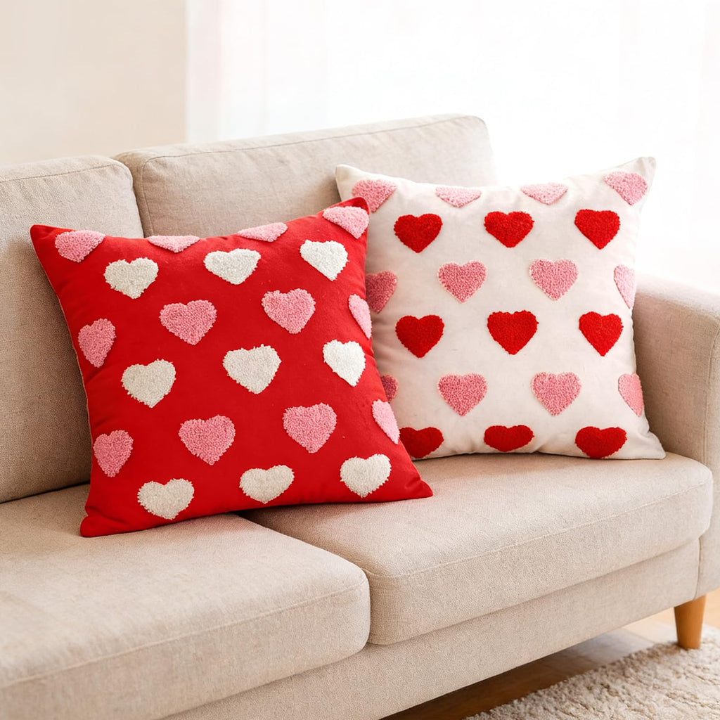 Valentine‘s Day Throw Pillow Covers Set of 2, 18x18 Inch (45x45cm) - White & Red Love Heart Embroidery Decorative Cushion Covers for Couch Sofa Bedroom, Valentine’s Gift for Her, Couples, Anniversary